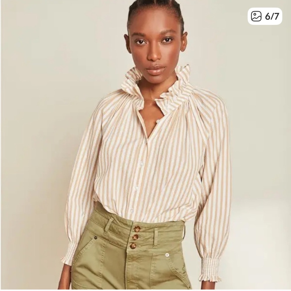 Veronica Beard Tan and White Stripe Button Down